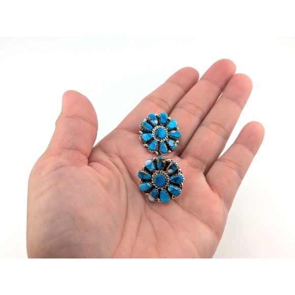 Navajo Floral Turquoise Stone Stud Earrings Sterling Silver Handmade Jewelry ** - Picture 12 of 13